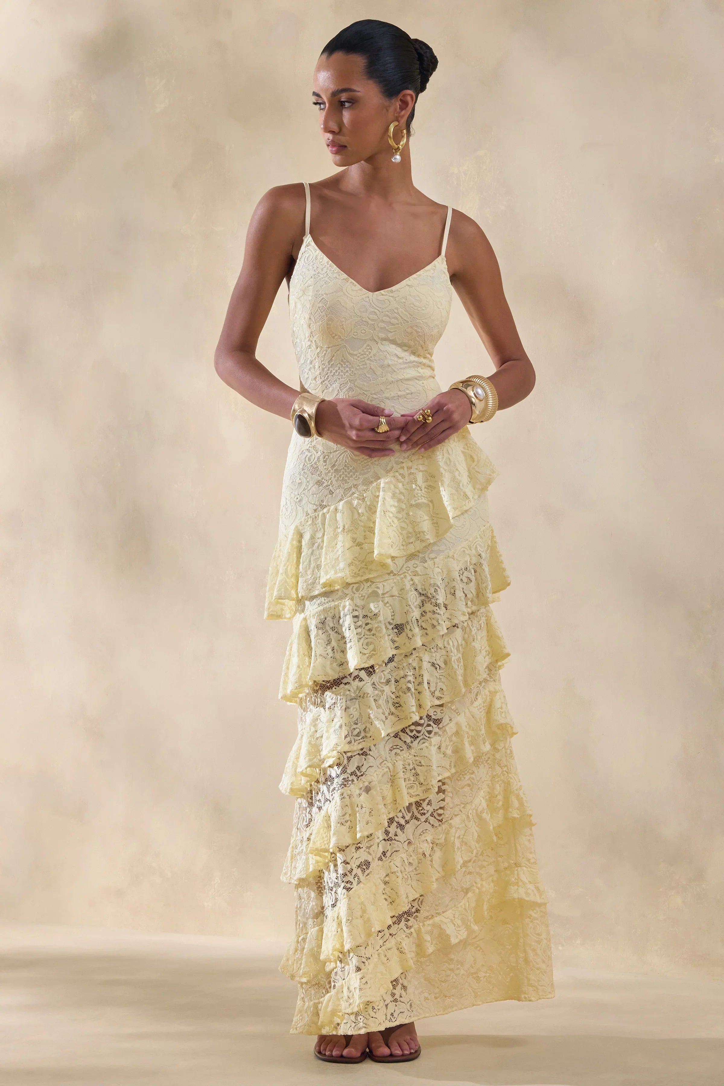Avelisse Lemon Lace Plunge Neck Maxi Dress With Ruffled Detailing