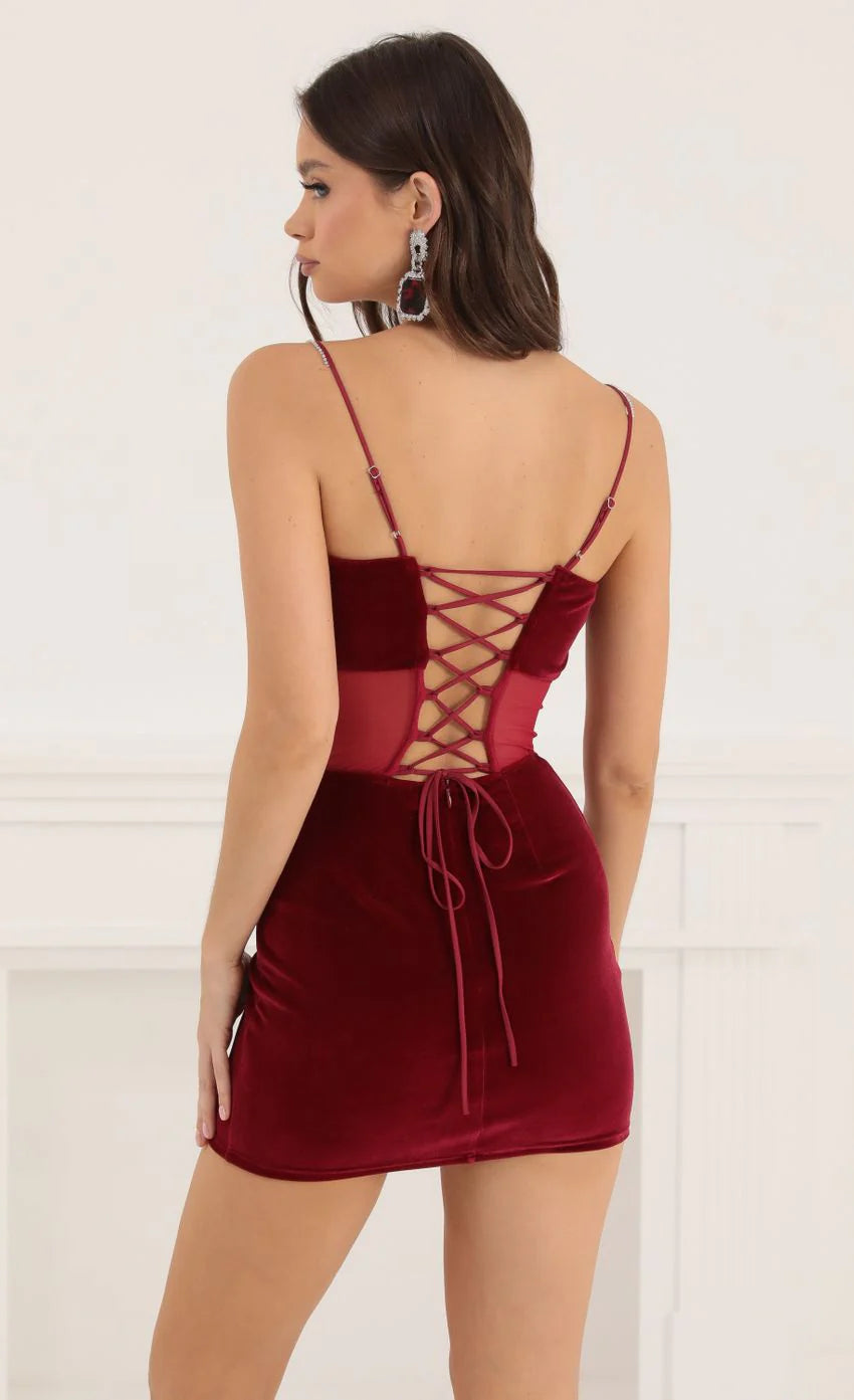 Velvet Rhinestone Corset Dress in Red