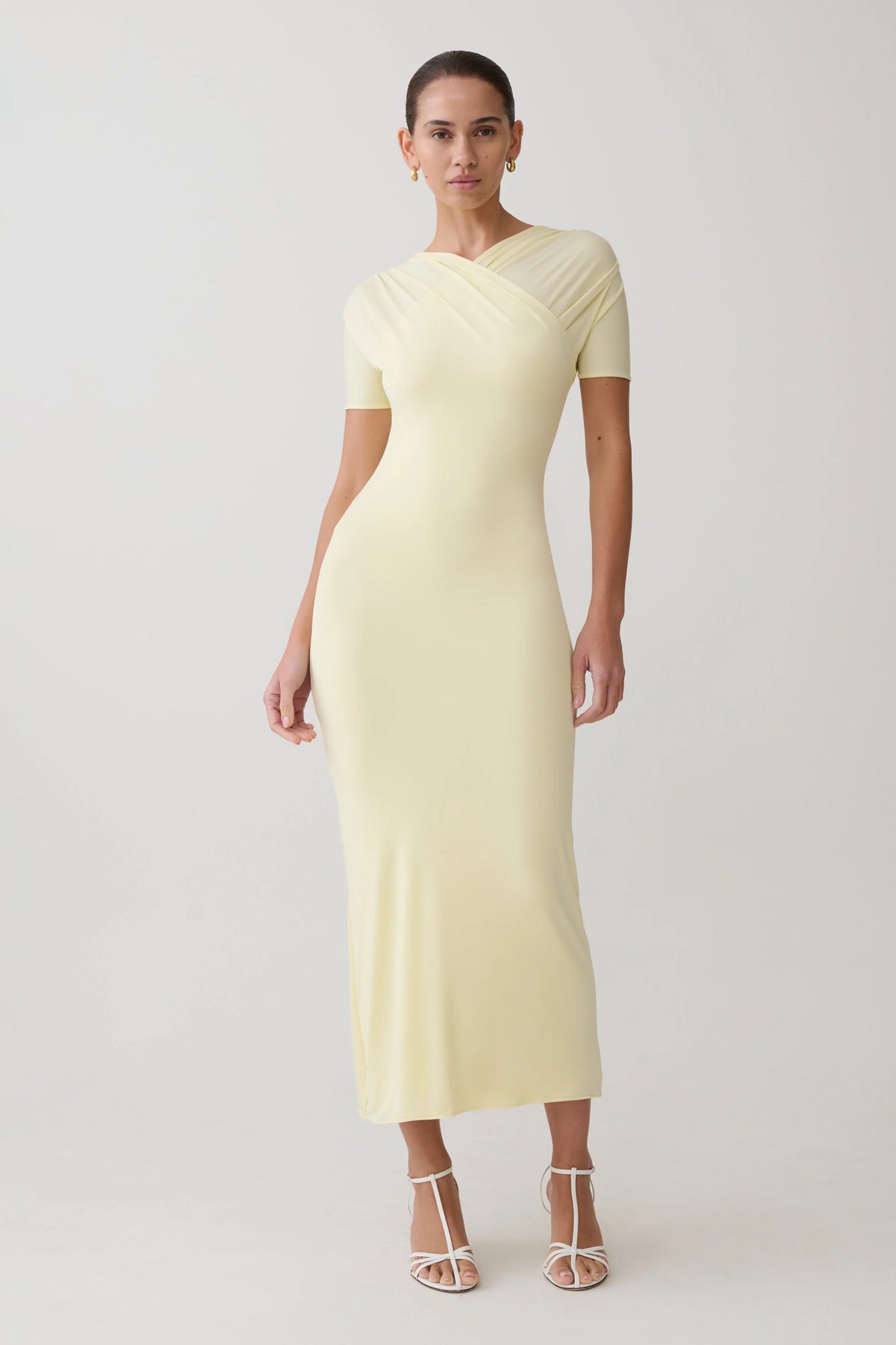 Junie Cross Over Neck Slinky Maxi Dress Lemon