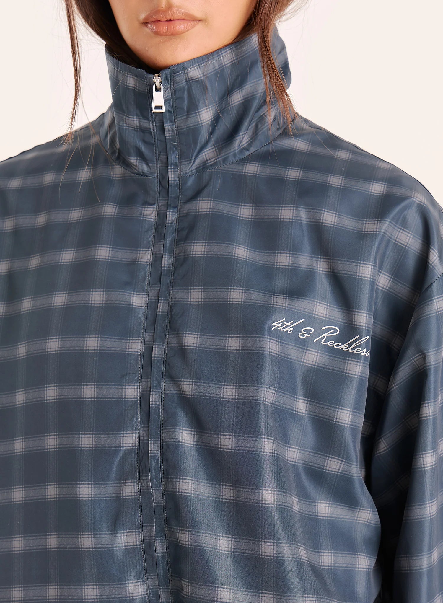 Check Print Funnel Neck Windbreaker Jacket