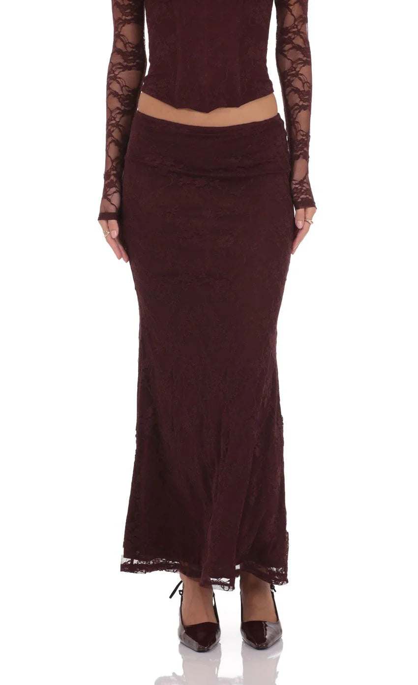 Lace Flare Maxi Skirt in Deep Wine