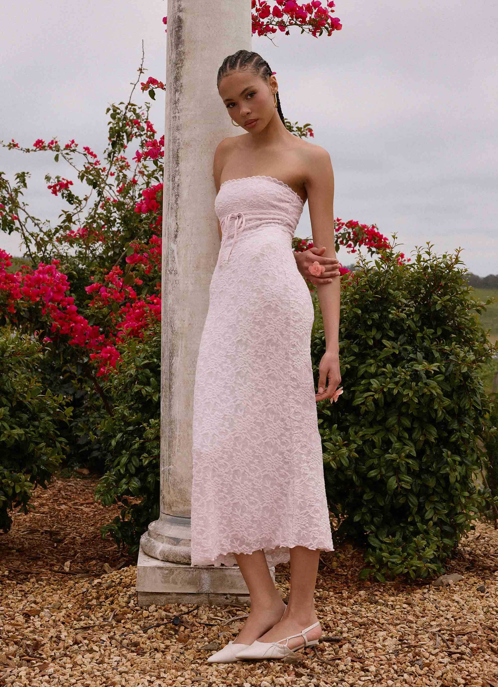 Alida Strapless Jacquard Midi Dress Pink