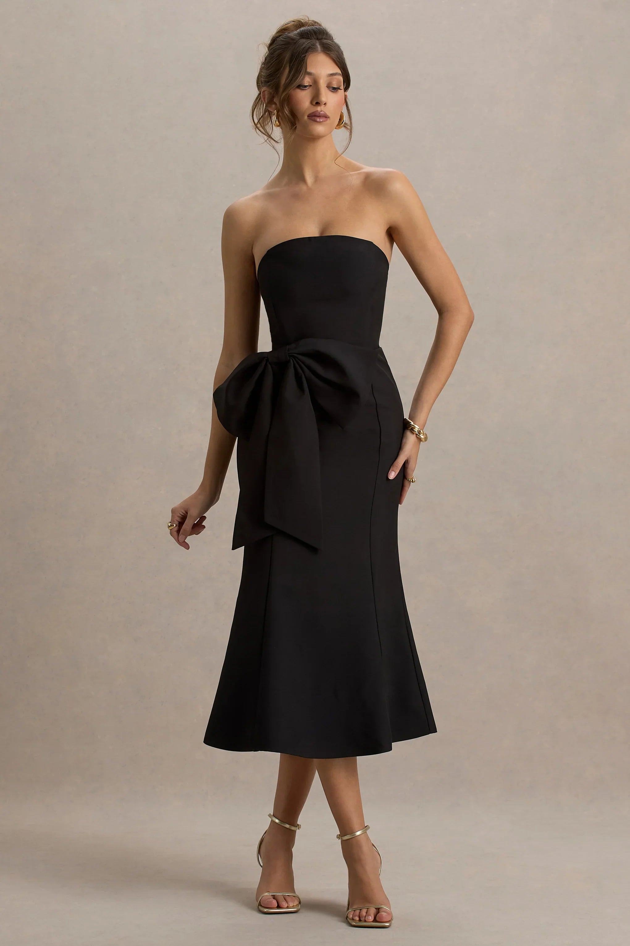To Me Black Bandeau Midi Dress With Oversized Bow