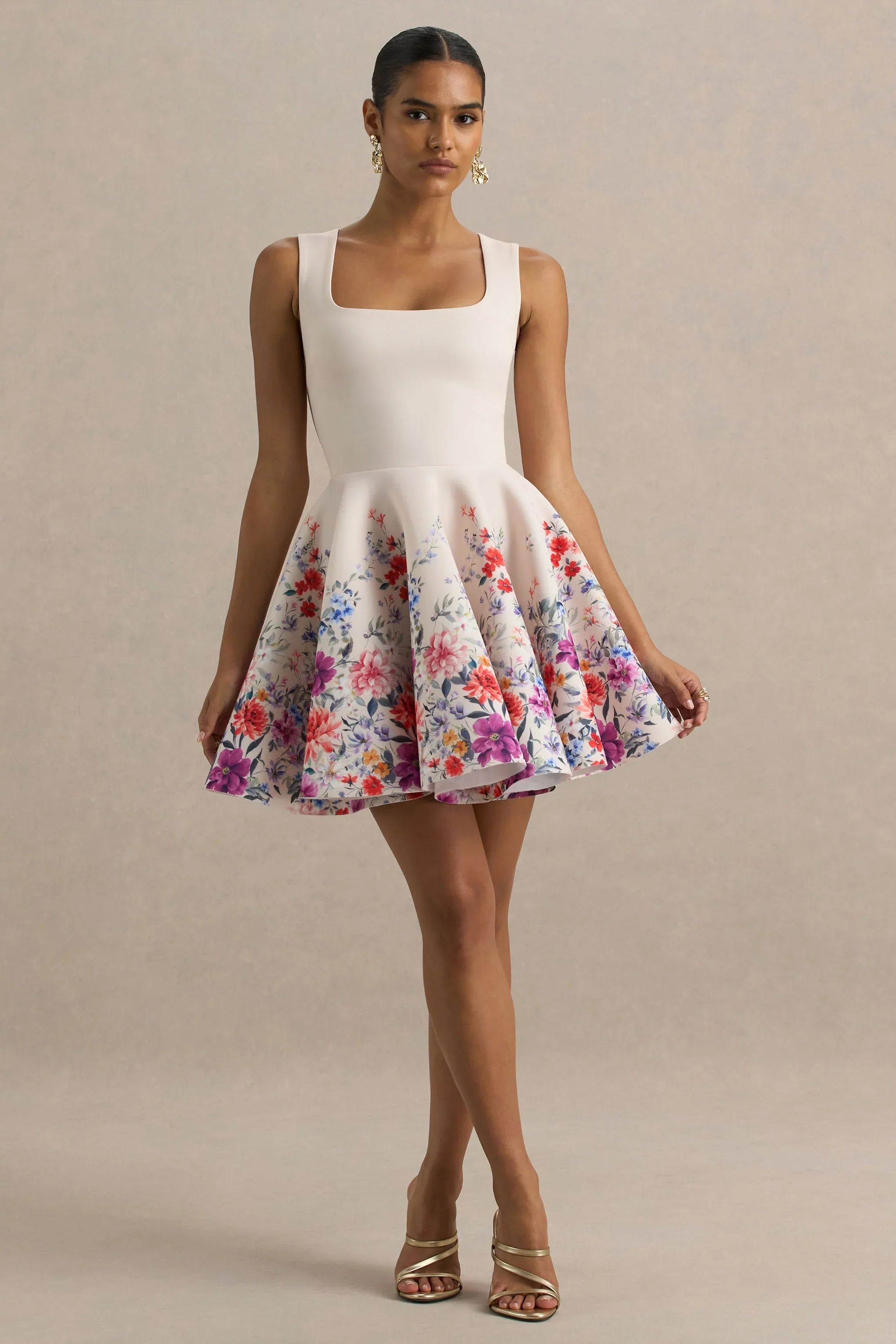Gemstone Light Pink Floral Print Square Neck Skater Mini Dress