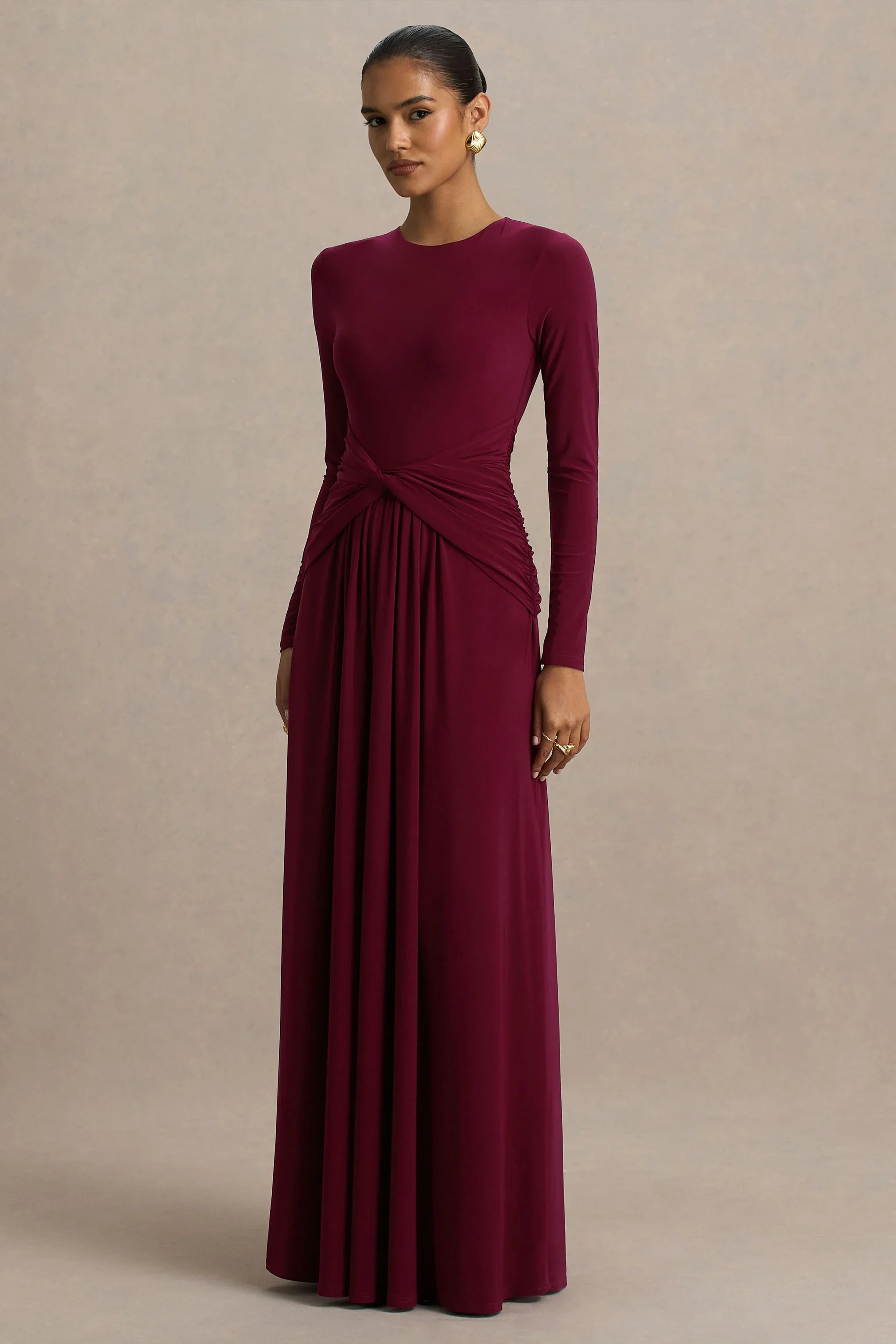 Estrella Berry High Neck Maxi Dress With Ruched Detailing