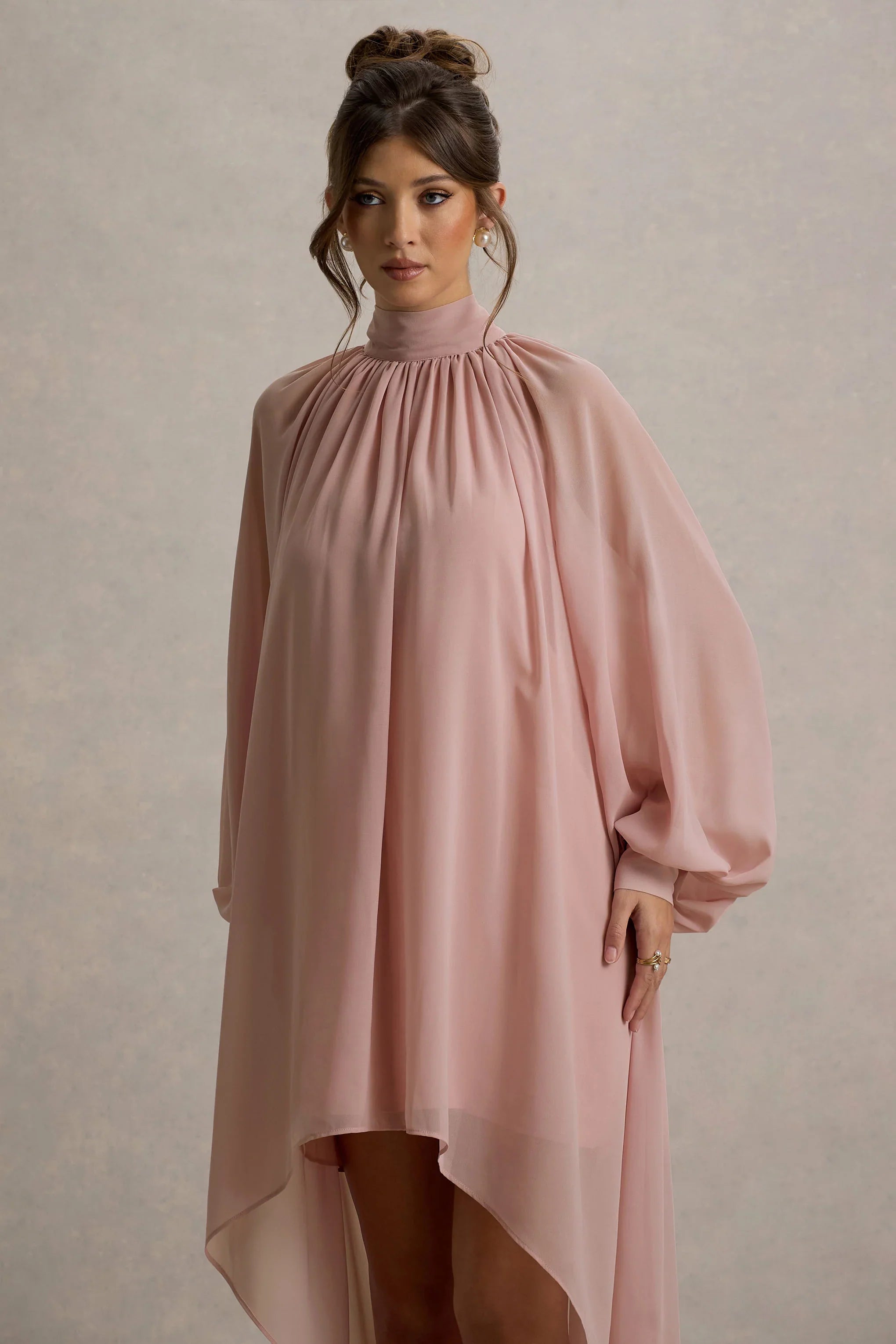 Delphia Pale Pink High Neck Maxi Dress With High Low Hem