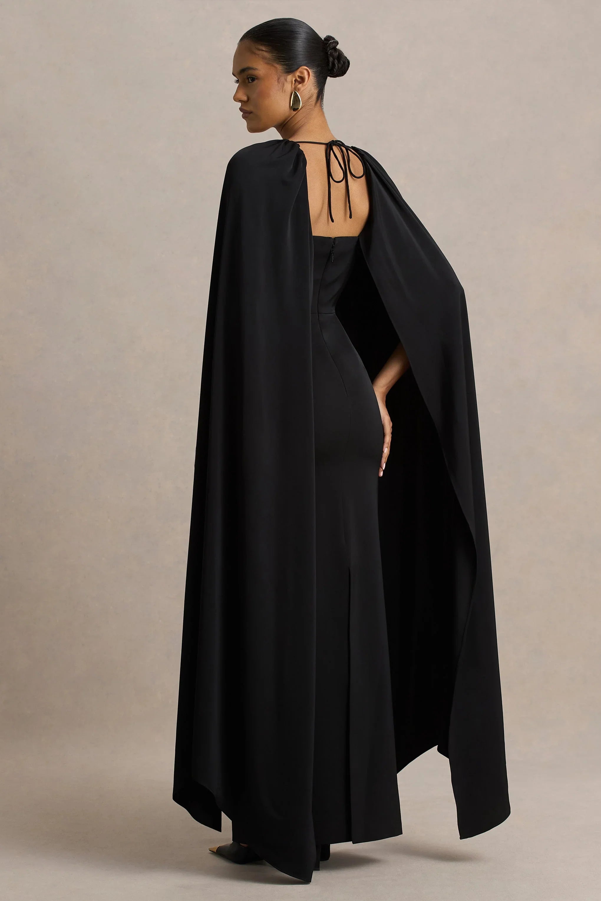 Wren Black Satin Sweetheart Neck Maxi Dress With Cape Sleeves