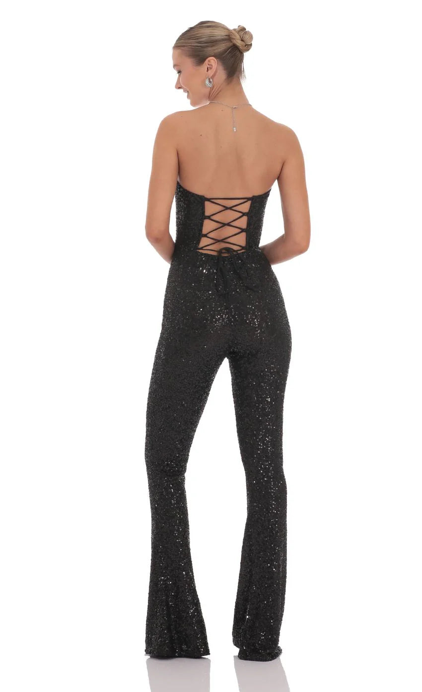 Sequin Strapless Corset Jumpsuit in Black