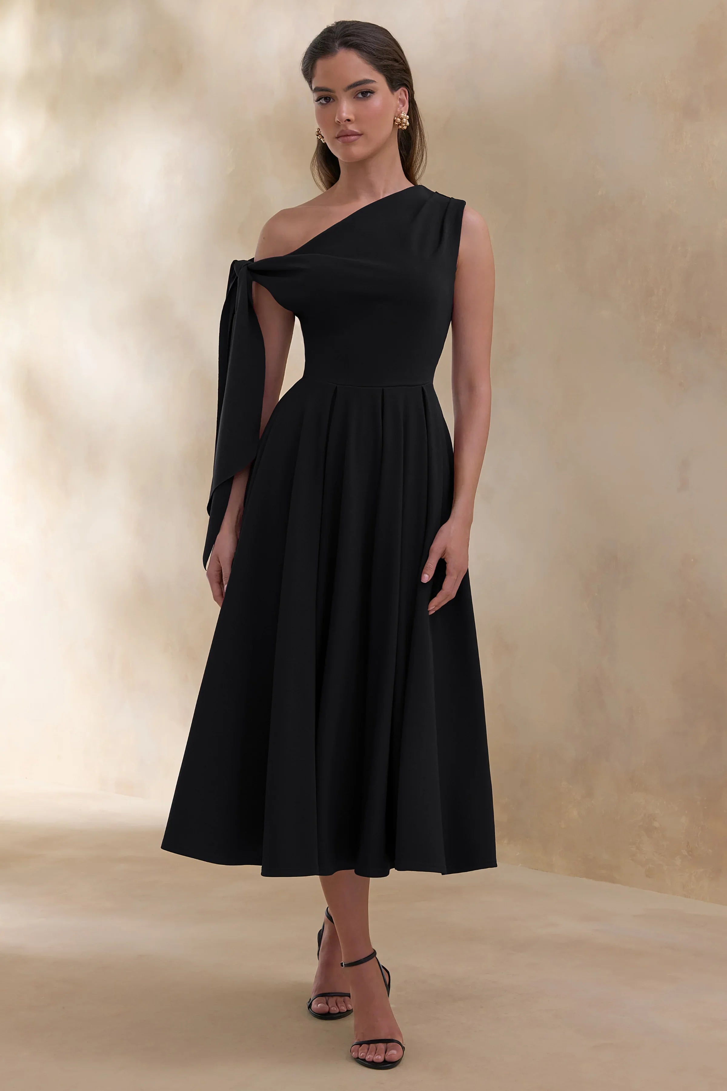 Daring Black Asymmetric Neck Midi Dress With Knot Detail