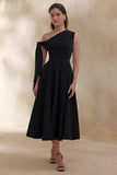 Daring Black Asymmetric Neck Midi Dress With Knot Detail