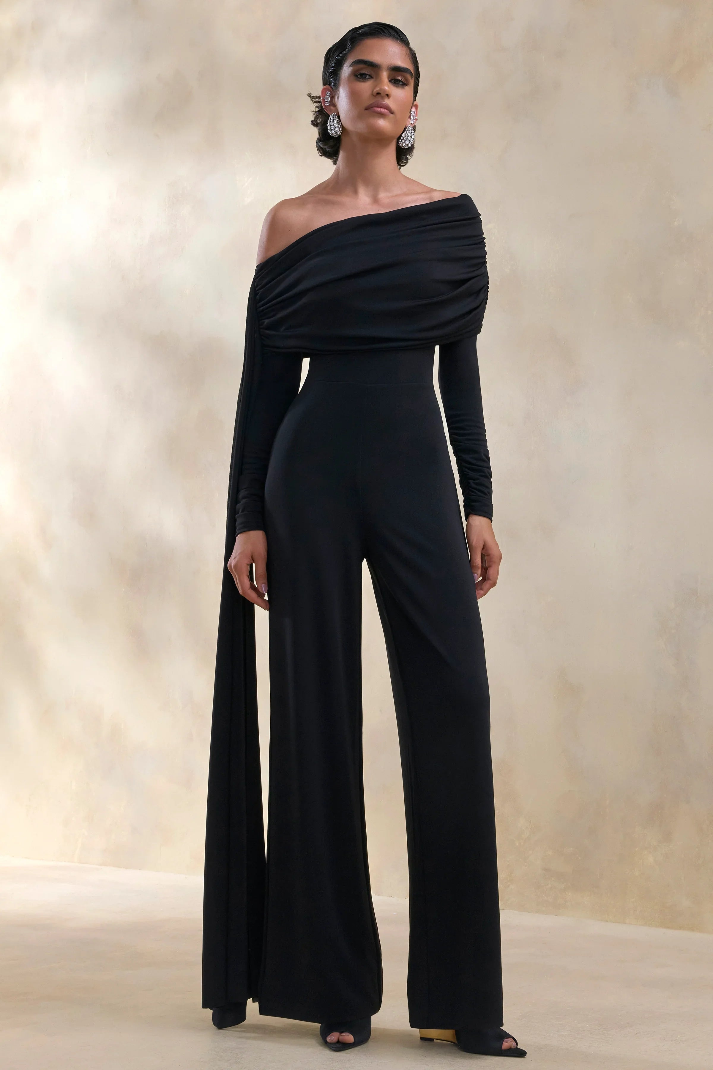 Elova Black Bardot Neck Jumpsuit With Sash