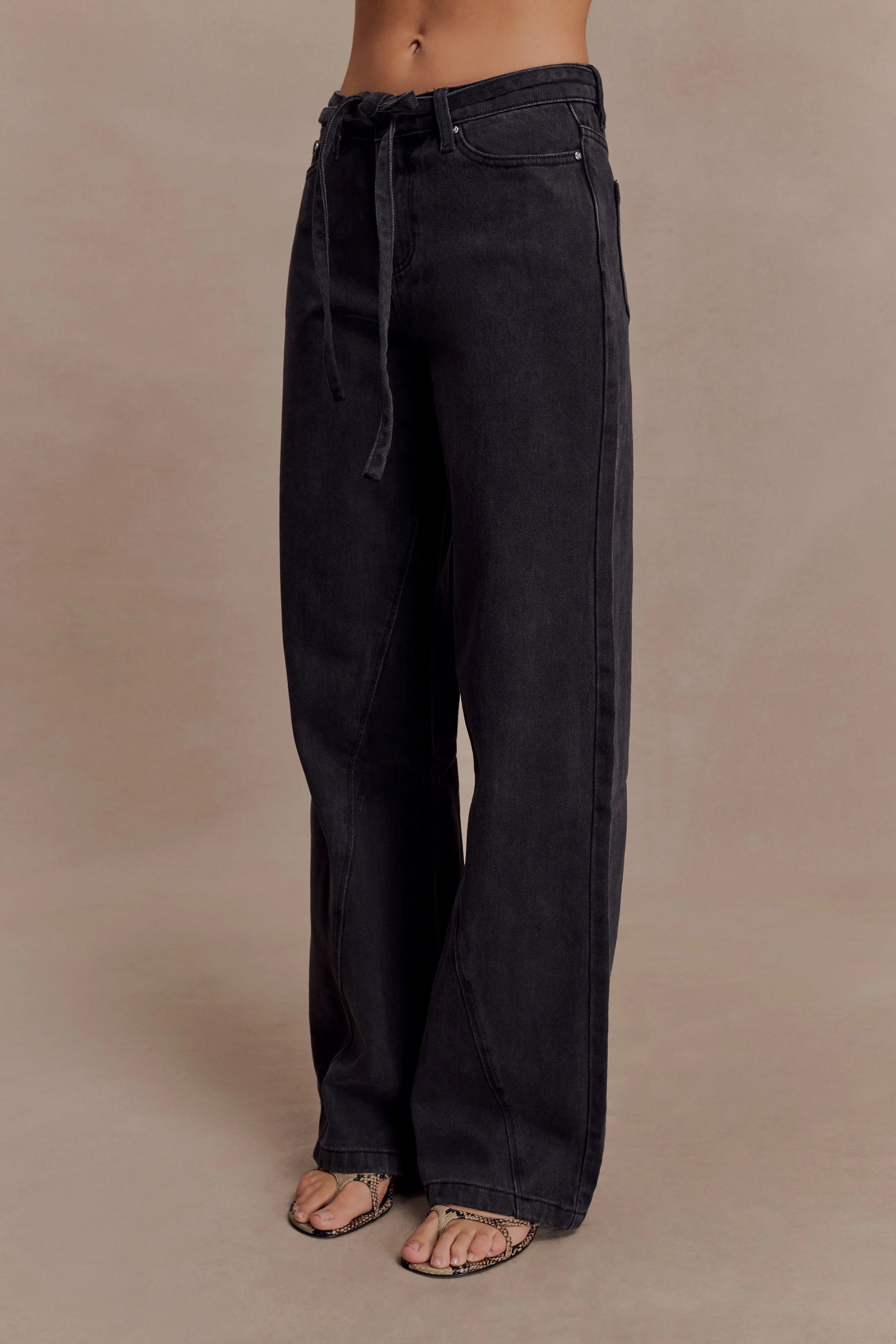 Perrie Mid Rise Straight Leg Tie Jeans Washed Black