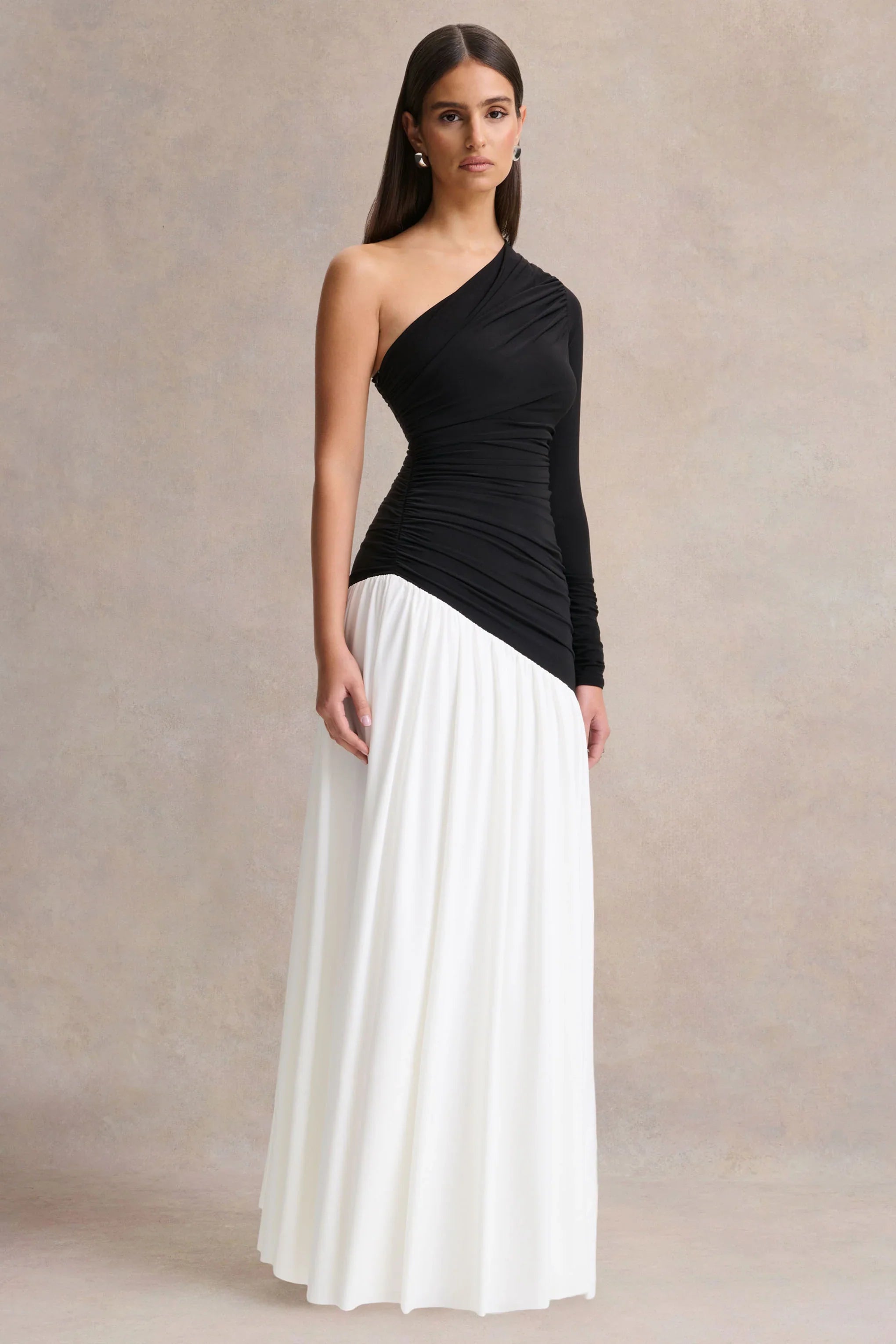 Danila Black And White Asymmetric Neck Maxi Dress With Drop Waist