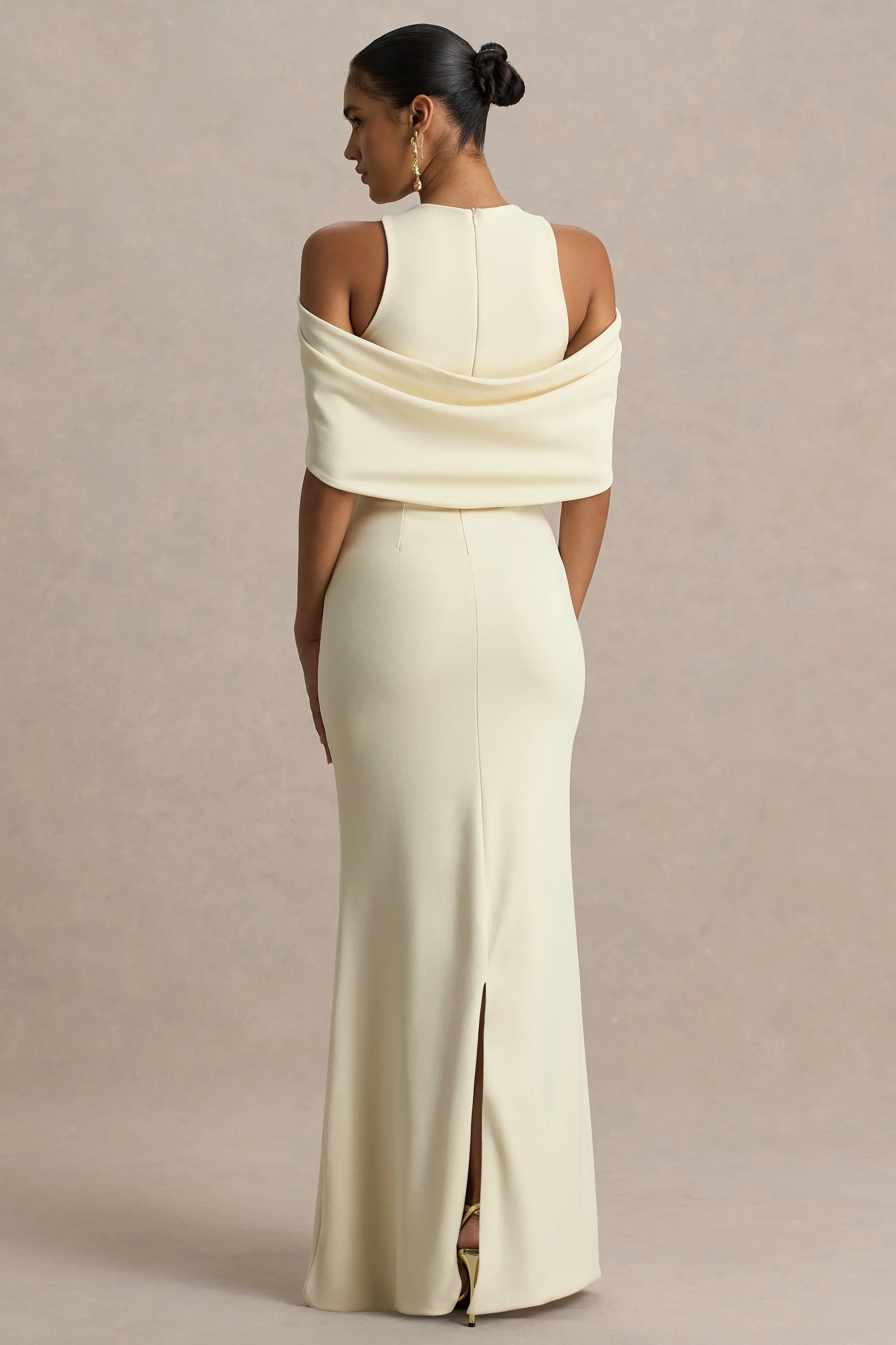 Yulia Sand High Neck Maxi Dress With Cape Sleeves