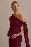 Orielle Burgundy Asymmetric Neck Maternity Maxi Dress With Knot Sleeve And Sash
