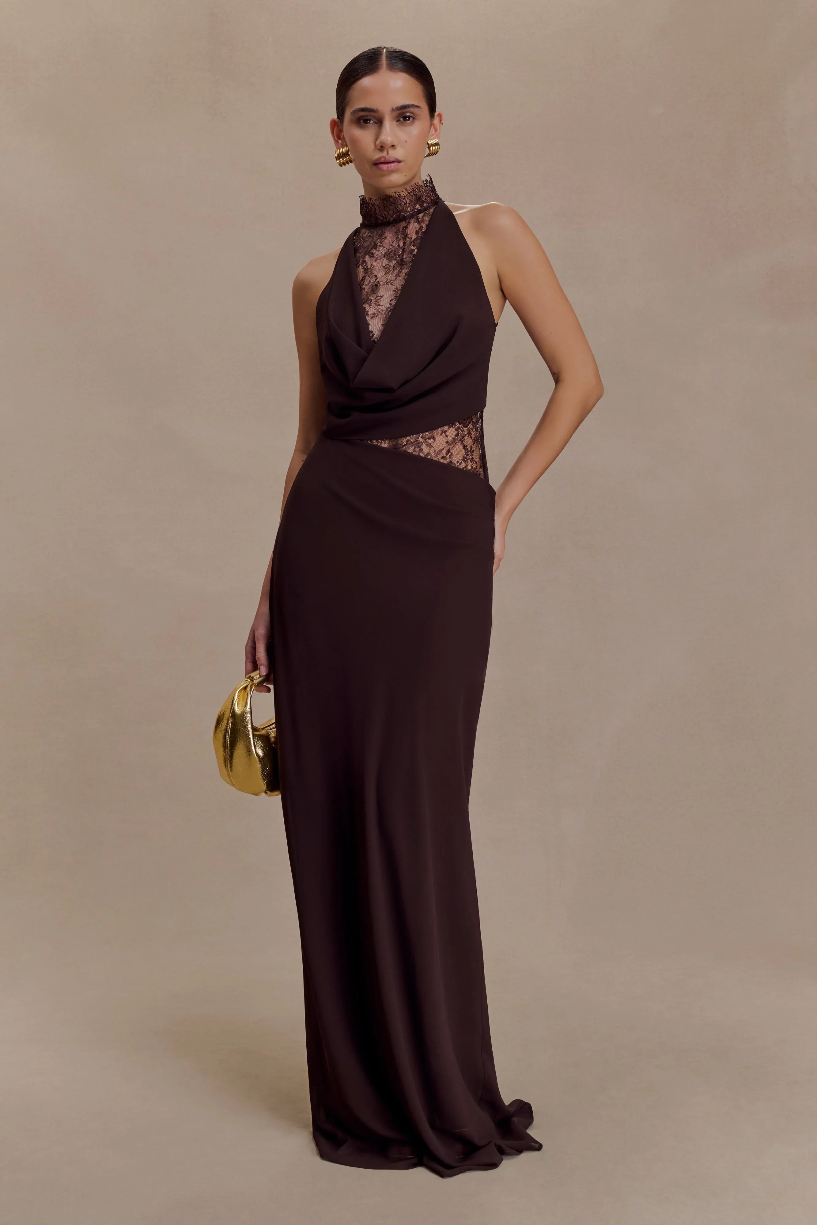 Arra Chiffon And Lace Halter Maxi Dress Cacao Brown