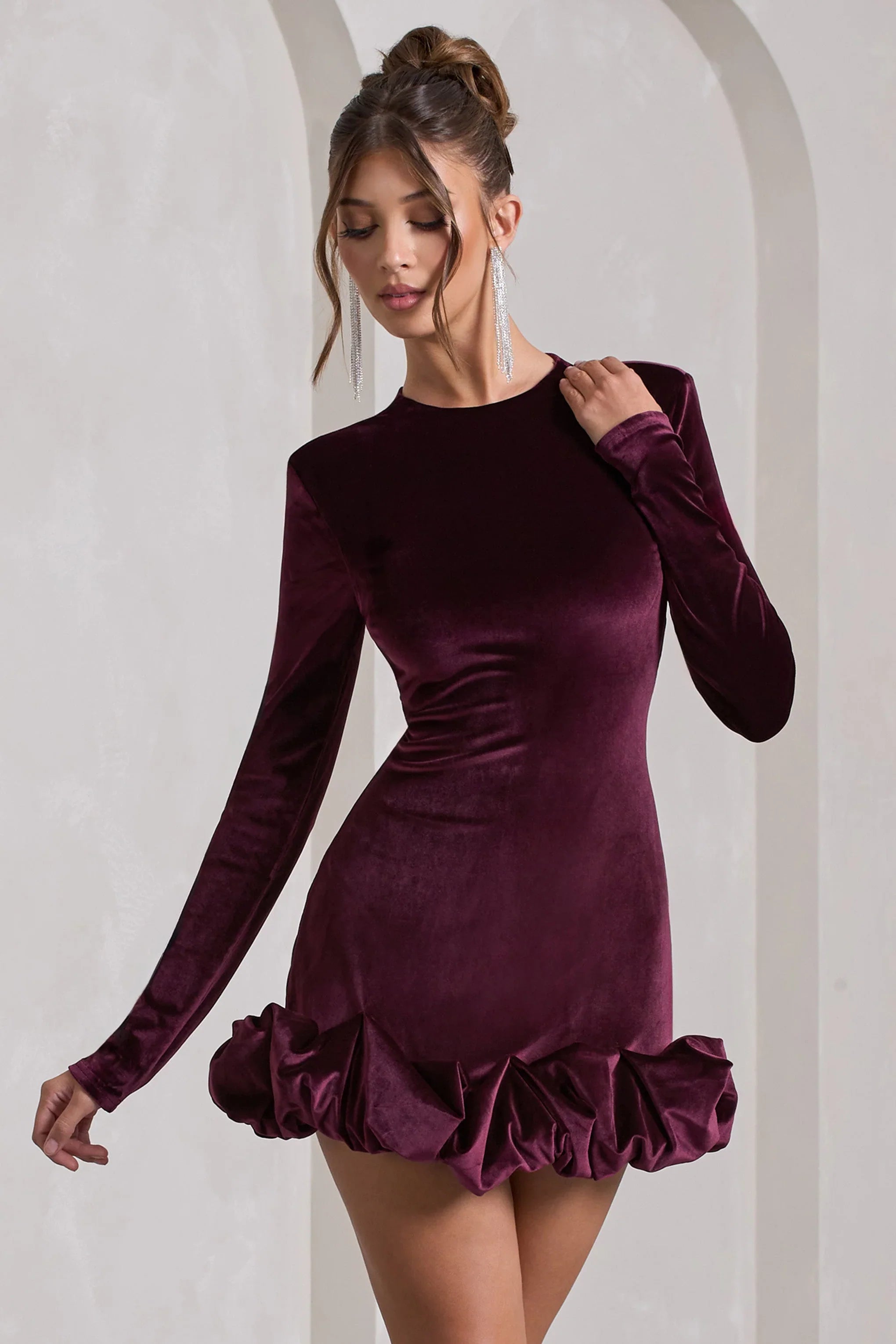 Claudine Port Velvet Long Sleeved Ruffled Mini Dress