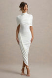 Enchant White Asymmetric Twisted Cape Midi Dress