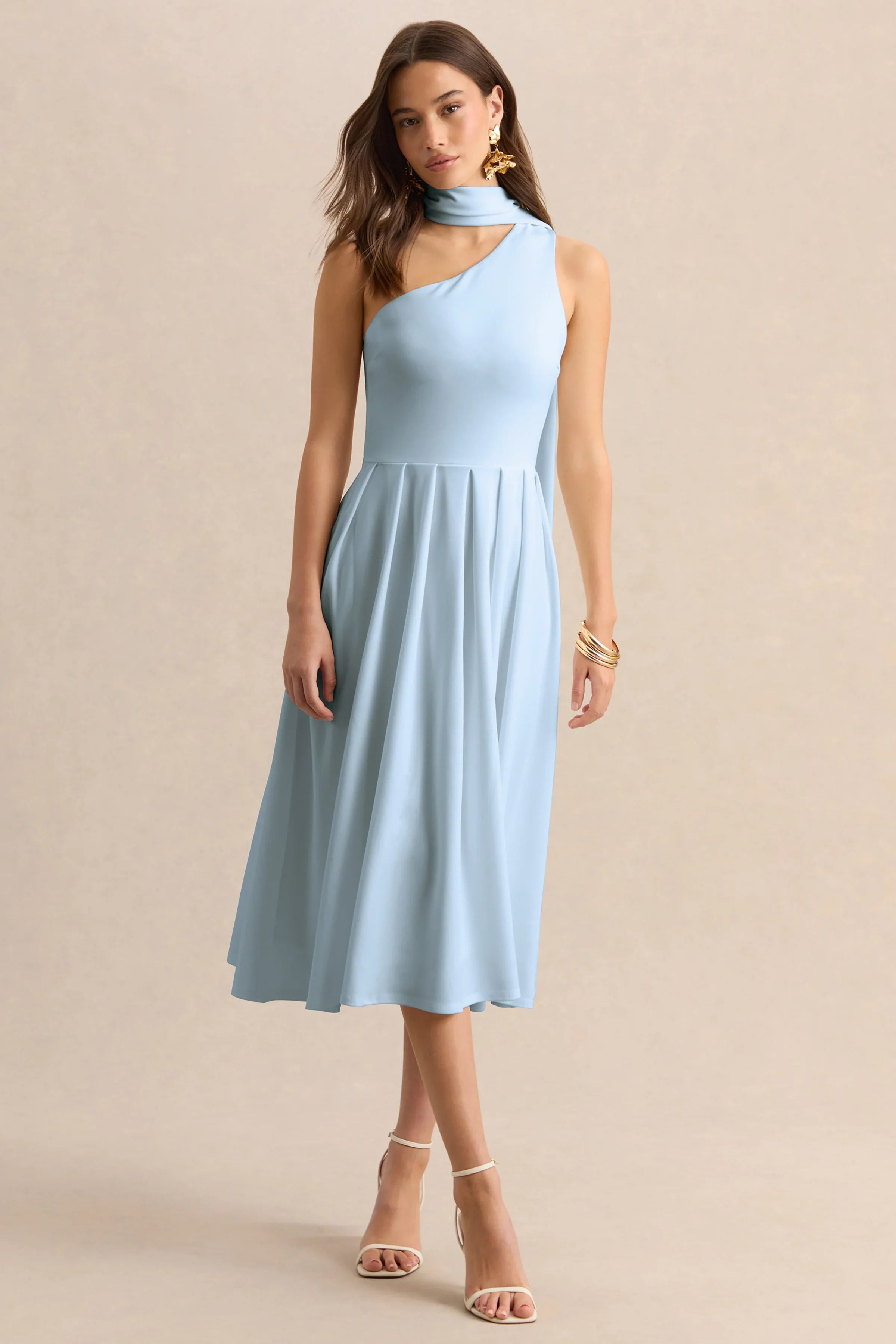 Odette Powder Blue Asymmetric Neck Midi Dress With Scarf