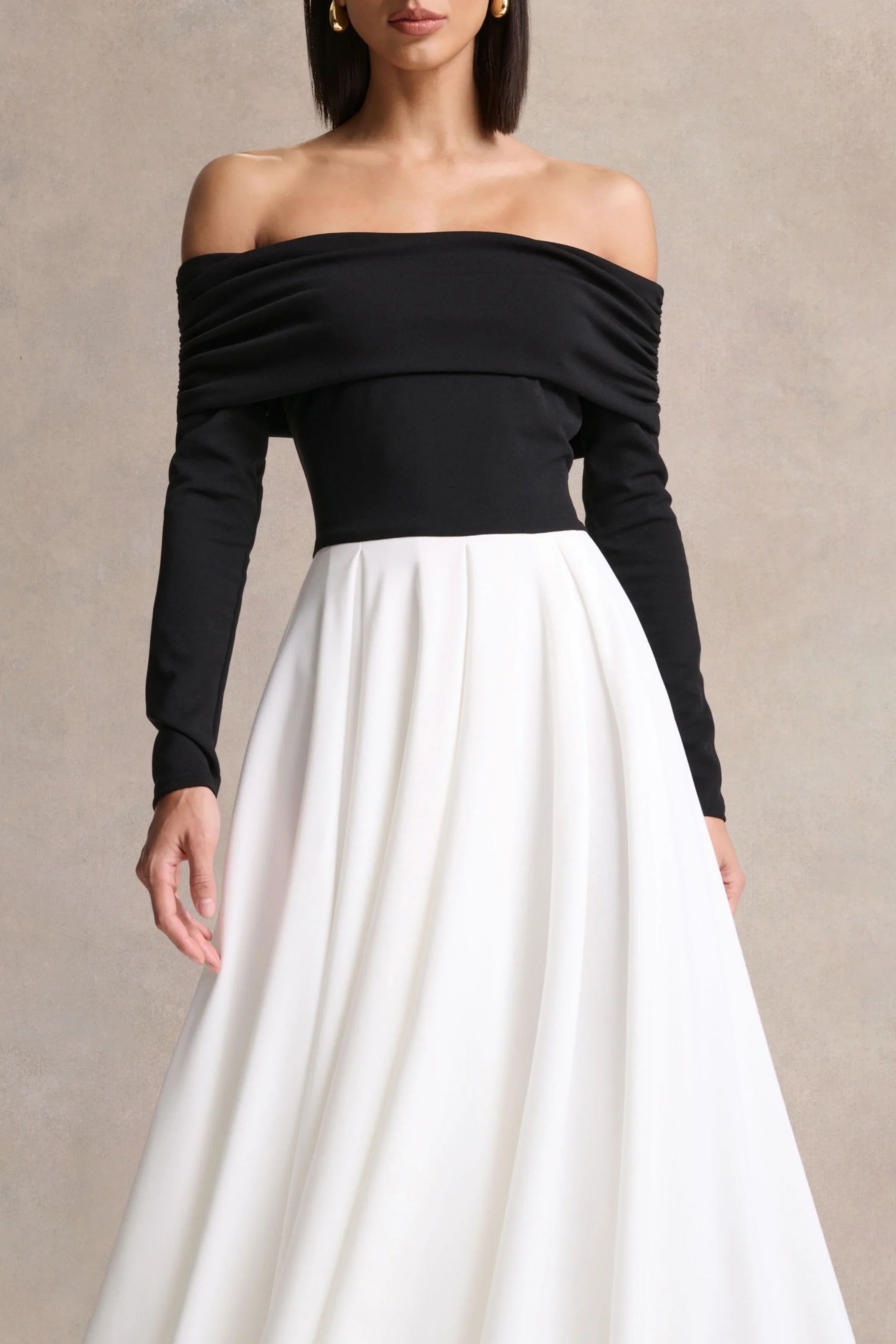 Frederica Black And White Bardot Neck Midi Dress
