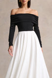 Frederica Black And White Bardot Neck Midi Dress