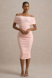 Rayleigh Pink Bardot Ruched Midi Dress