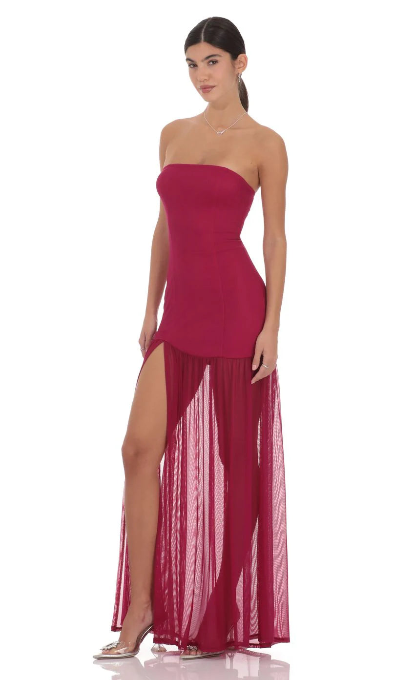 Mesh Strapless Maxi Dress in Magenta