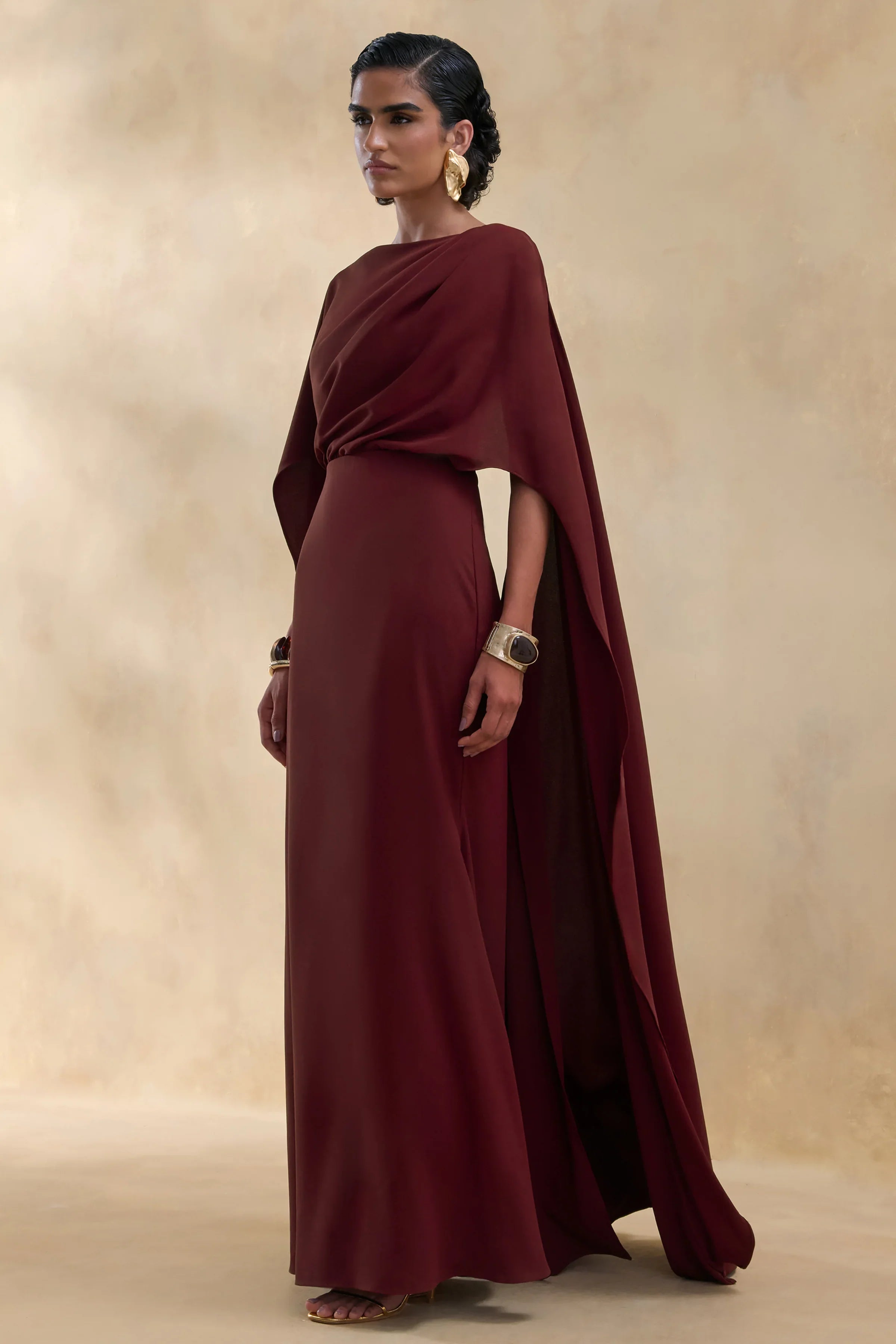 Pristina Burgundy Boat Neck Woven Maxi Dress With Cape Detail