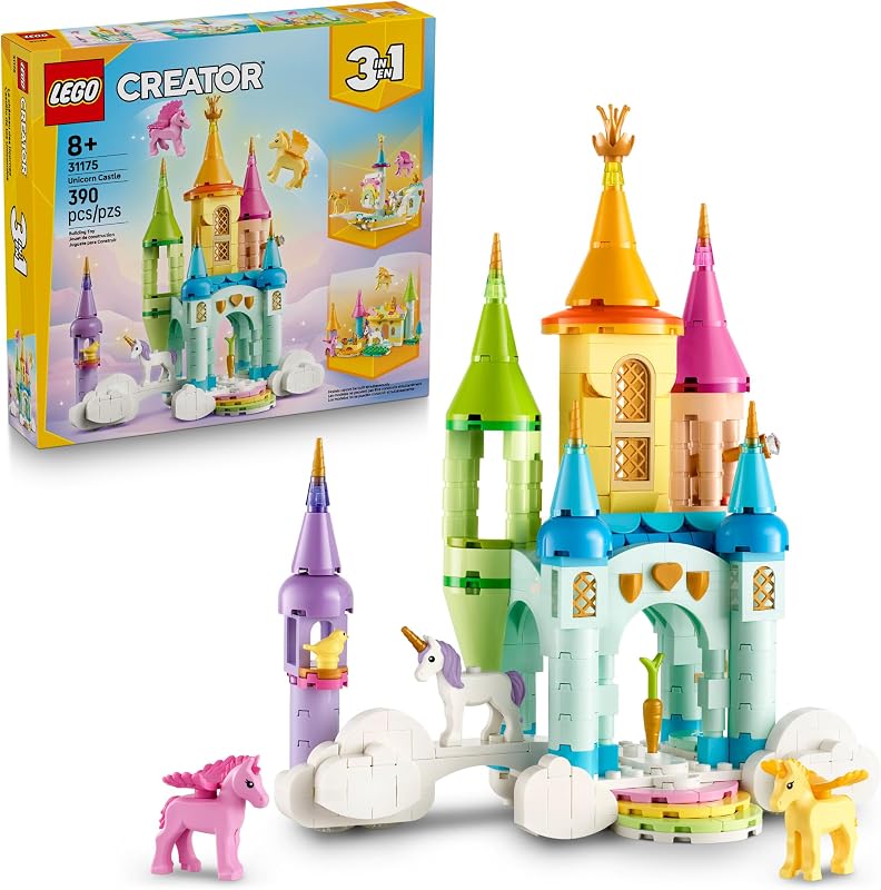 LEGO Creator 3 in 1 Unicorn Castle Building Toy for Kids Unicorn Toy Trio for Girls Boys Ages 8 Build 3 Pretend Play Toys with 1 Set of Building Blocks Gift Idea for Birthdays 31175