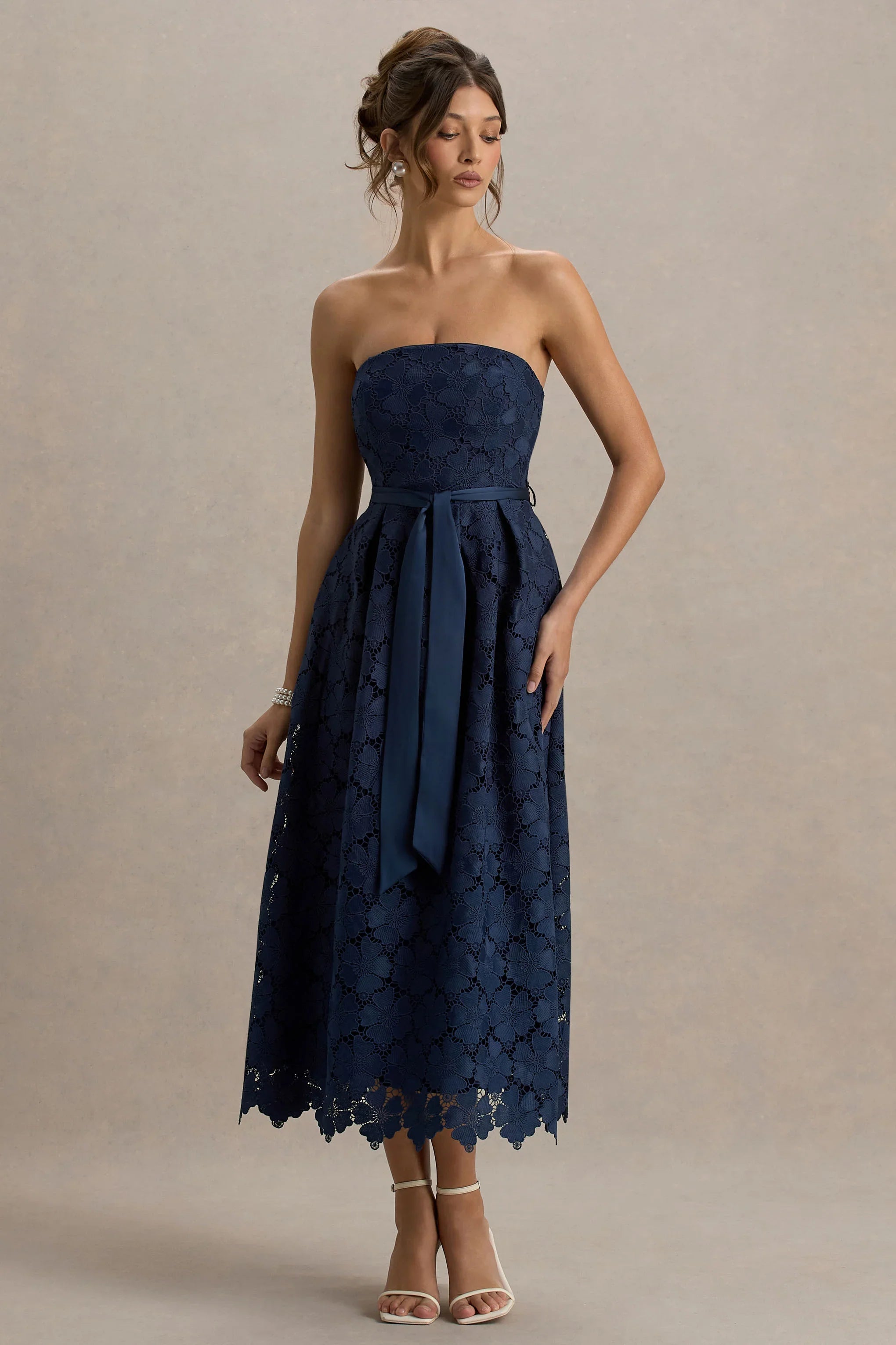 Shania Navy Lace Bandeau Skater Midi Dress