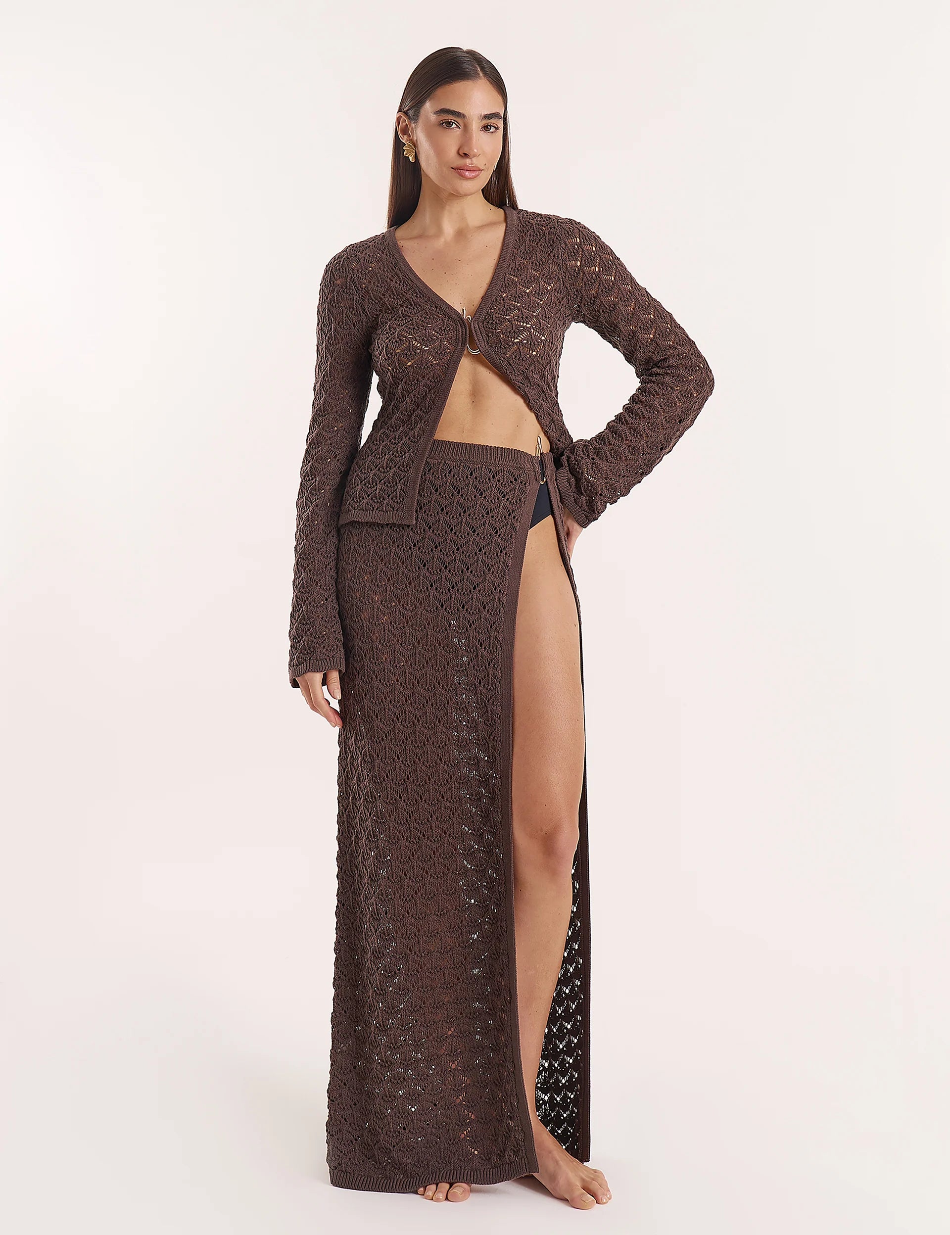 Chocolate Brown Crochet Thigh Split Maxi Skirt