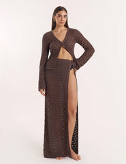 Chocolate Brown Crochet Thigh Split Maxi Skirt