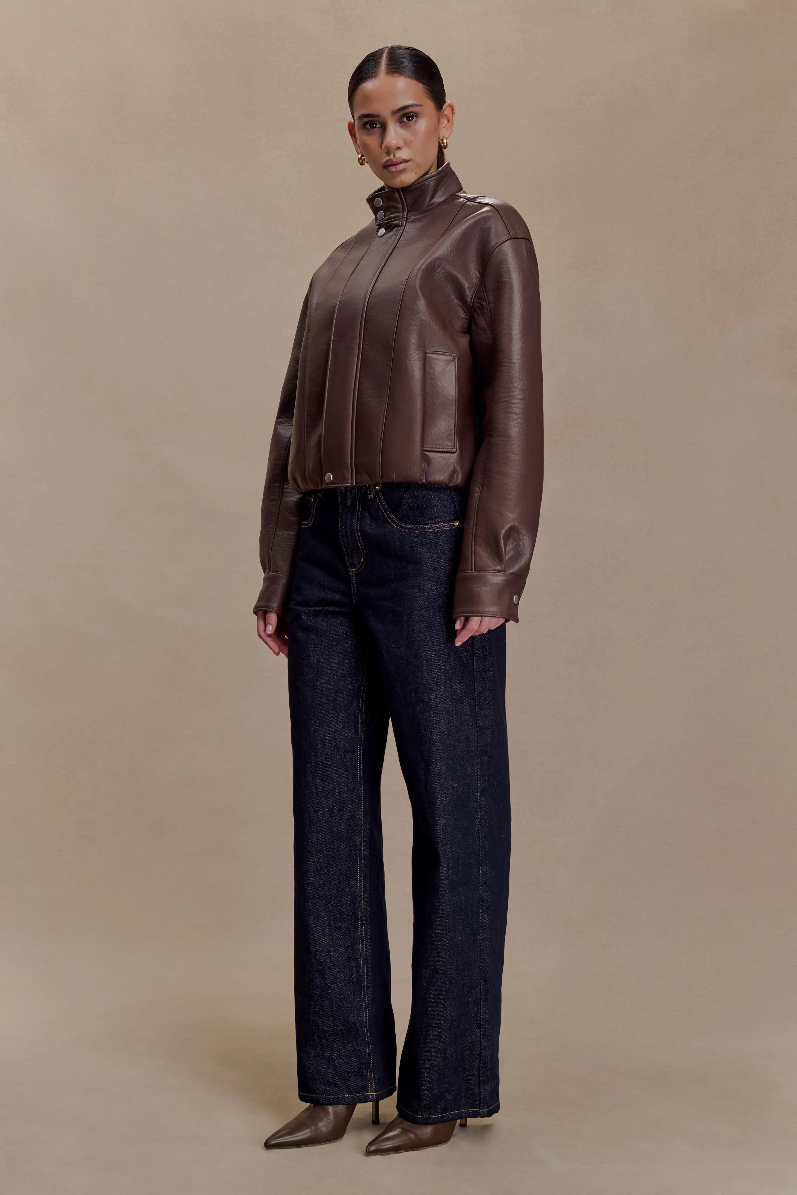 Curtis Faux Leather Bomber Jacket Dark Chocolate