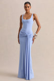 Lienna Powder Blue Scoop Neck Maxi Dress With Gathered Detail And Sash