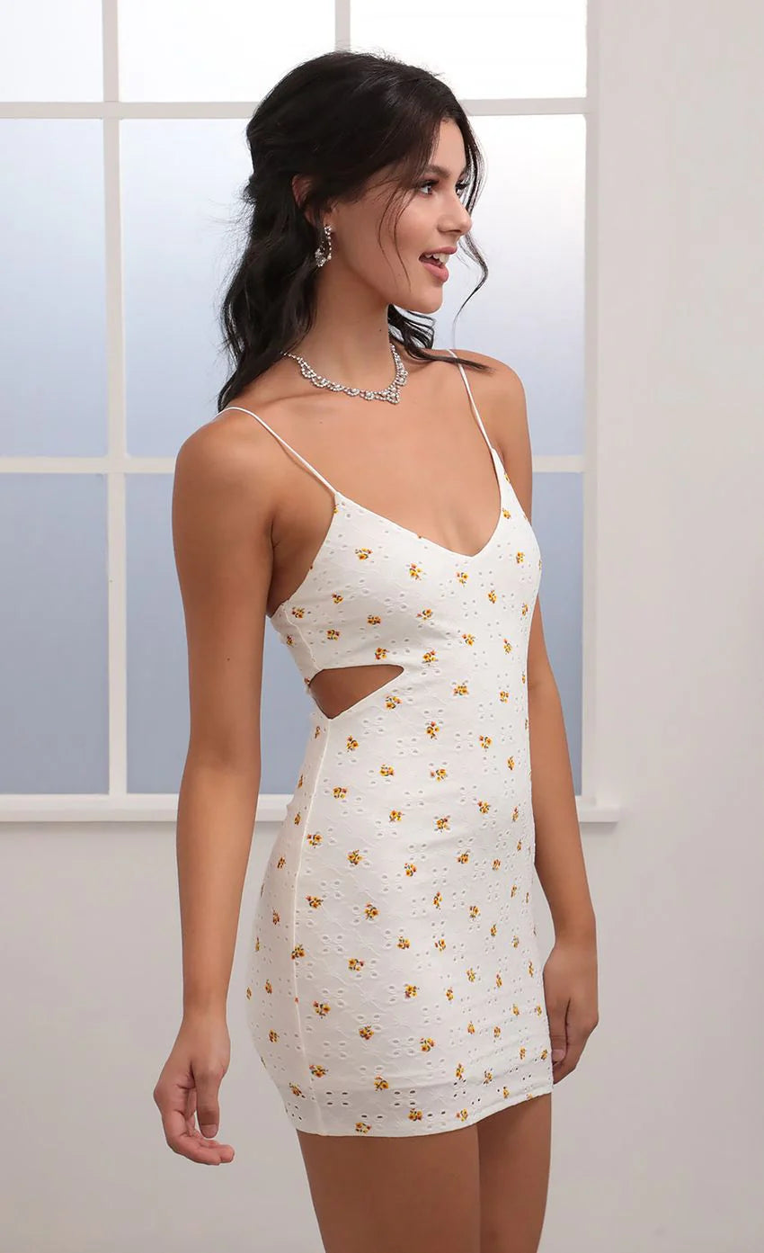 Eyelet Floral Hourglass Dress in White