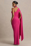 Amal Hot Pink Asymmetric Neck Maxi Dress With Scarf and Cape Detail