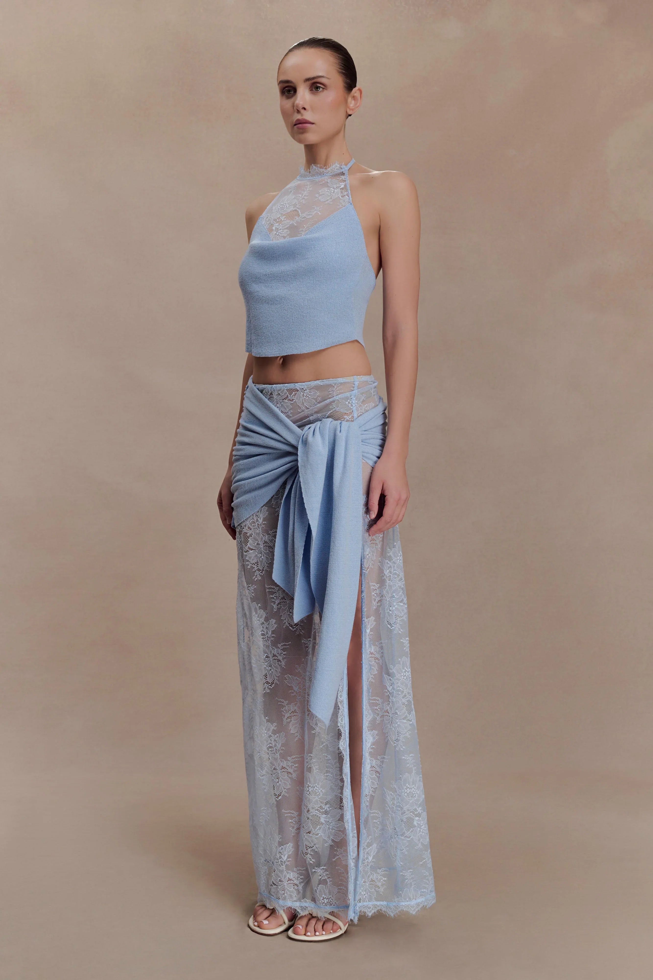 Lucy Lace And Knit Halter Top Cornflower Blue