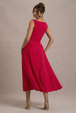 Muriel Red Boat Neck Volume Hem Midi Dress