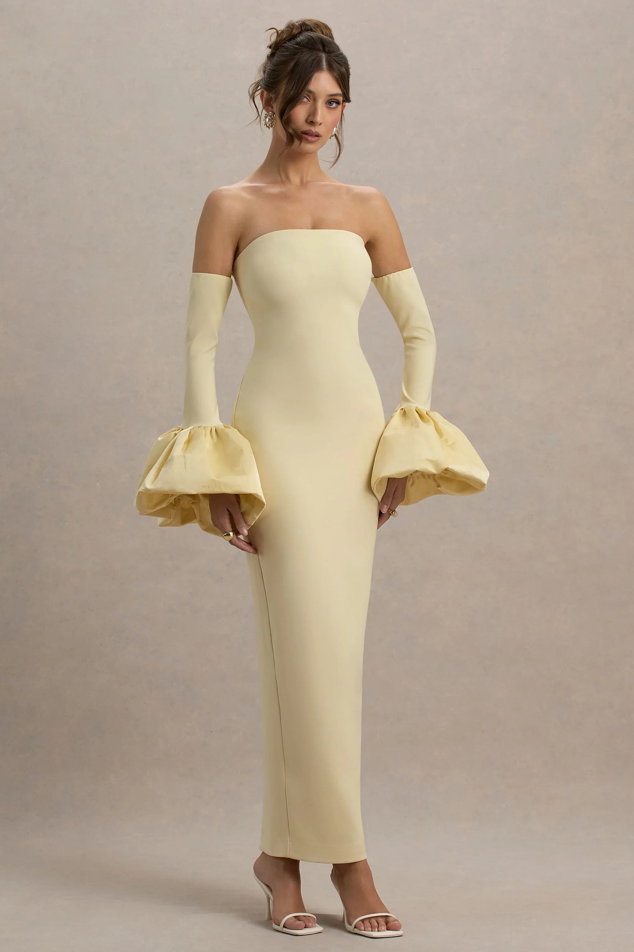 Myah Lemon Bandeau Long Sleeve Maxi Dress With Puff Cuffs