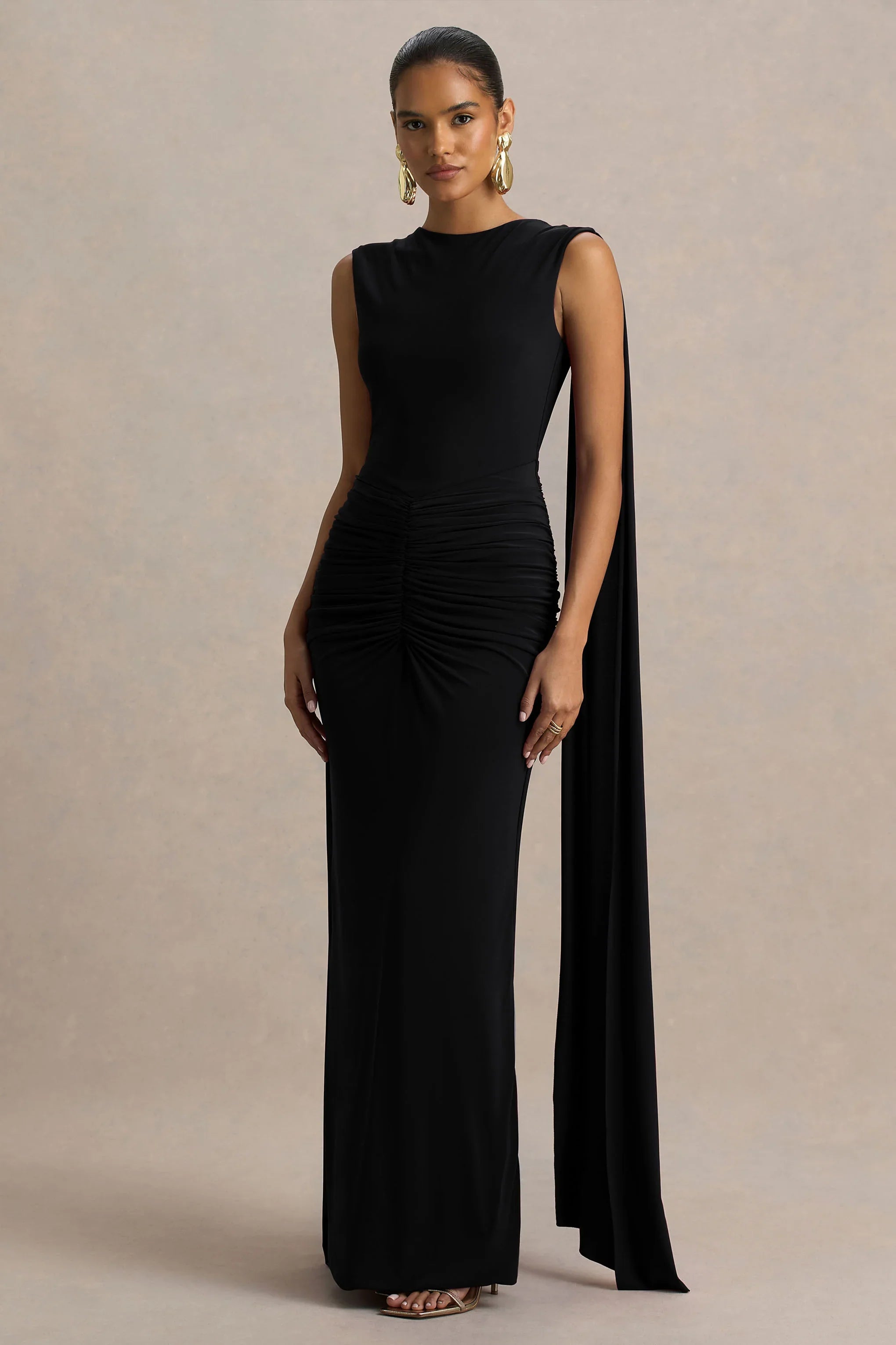 Premiere Black Boat Neck Maxi Dress With Open Back And Cape Sleeves