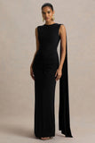 Premiere Black Boat Neck Maxi Dress With Open Back And Cape Sleeves