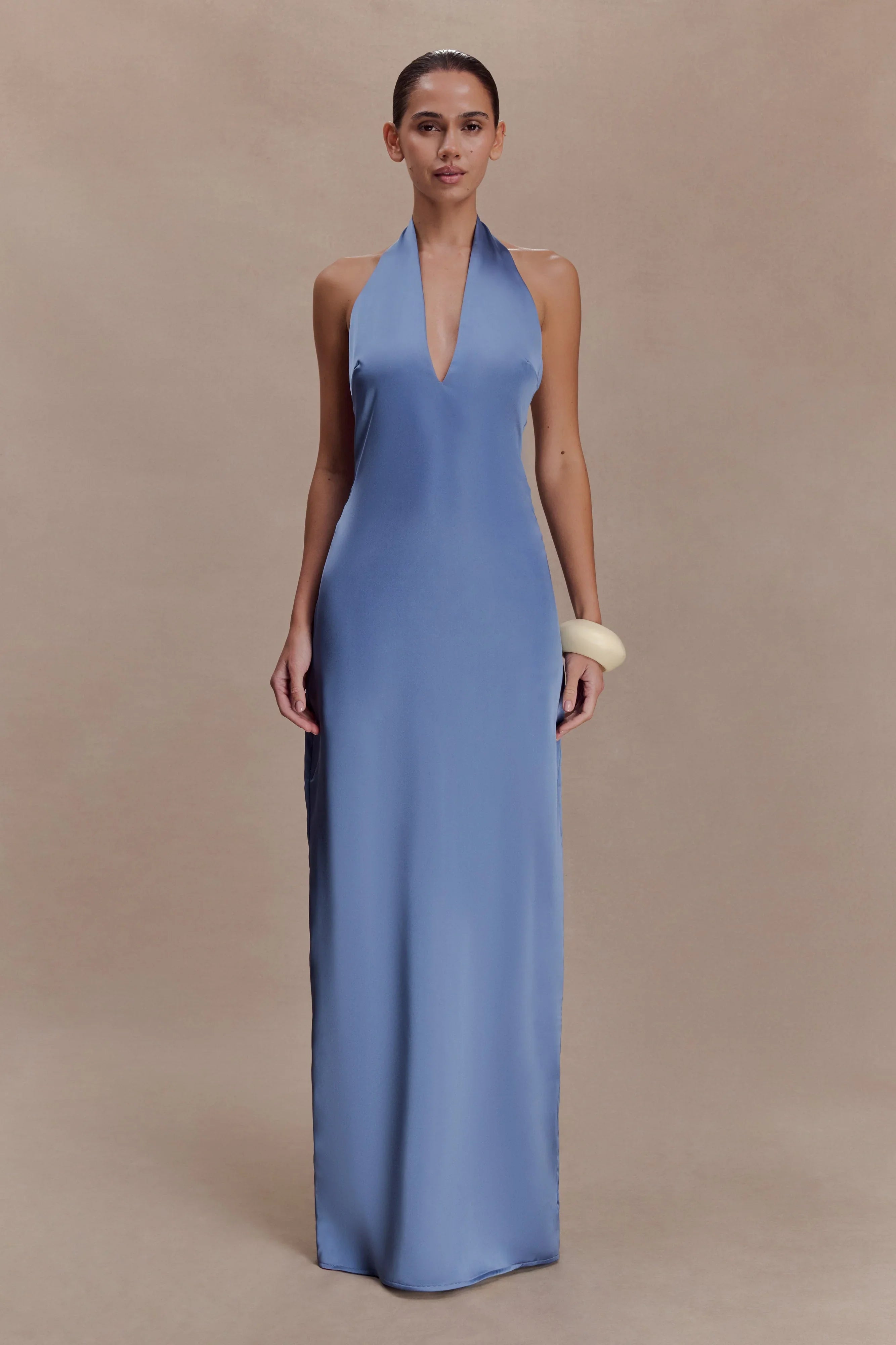 Jade Satin Halter Maxi Dress Steel Blue