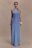 Jade Satin Halter Maxi Dress Steel Blue