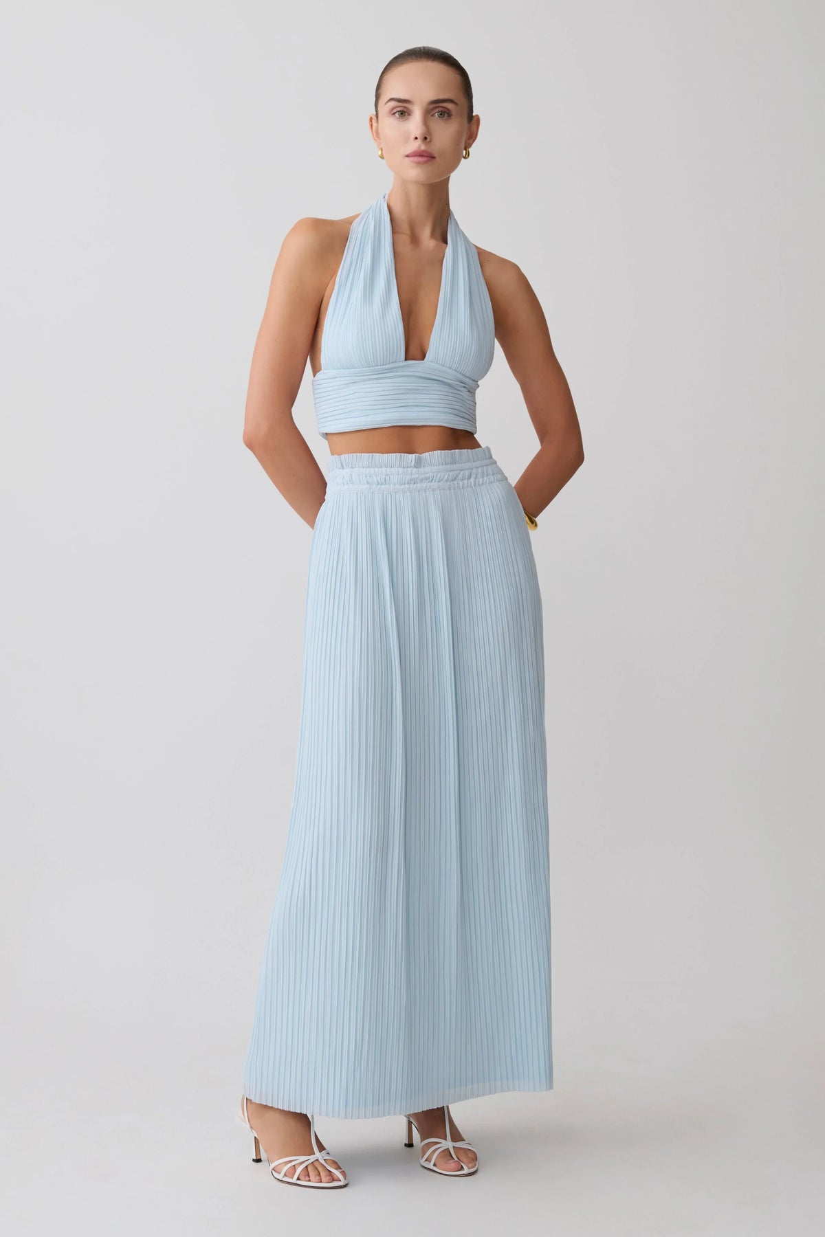 Amaris Gathered Plisse Maxi Skirt Pale Blue
