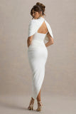 Enchant White Asymmetric Twisted Cape Midi Dress