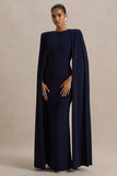 Mimi Navy High Neck Maxi Dress With Cape Sleeve Detail