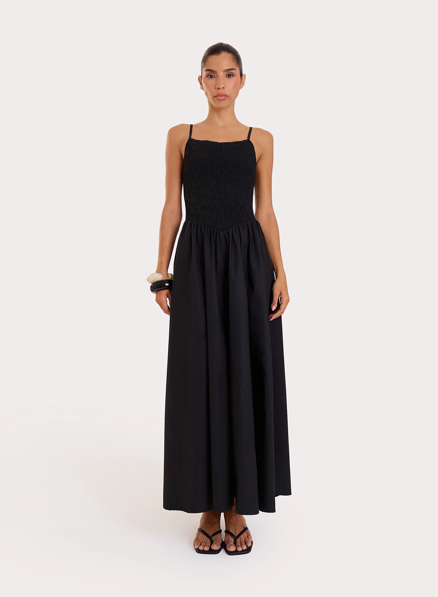 Black Shirred Cotton Maxi Dress Milano