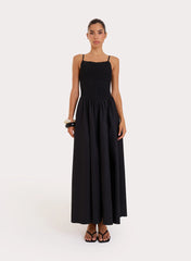 Black Shirred Cotton Maxi Dress Milano