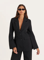 Black Cinched Waist Flared Sleeve Blazer
