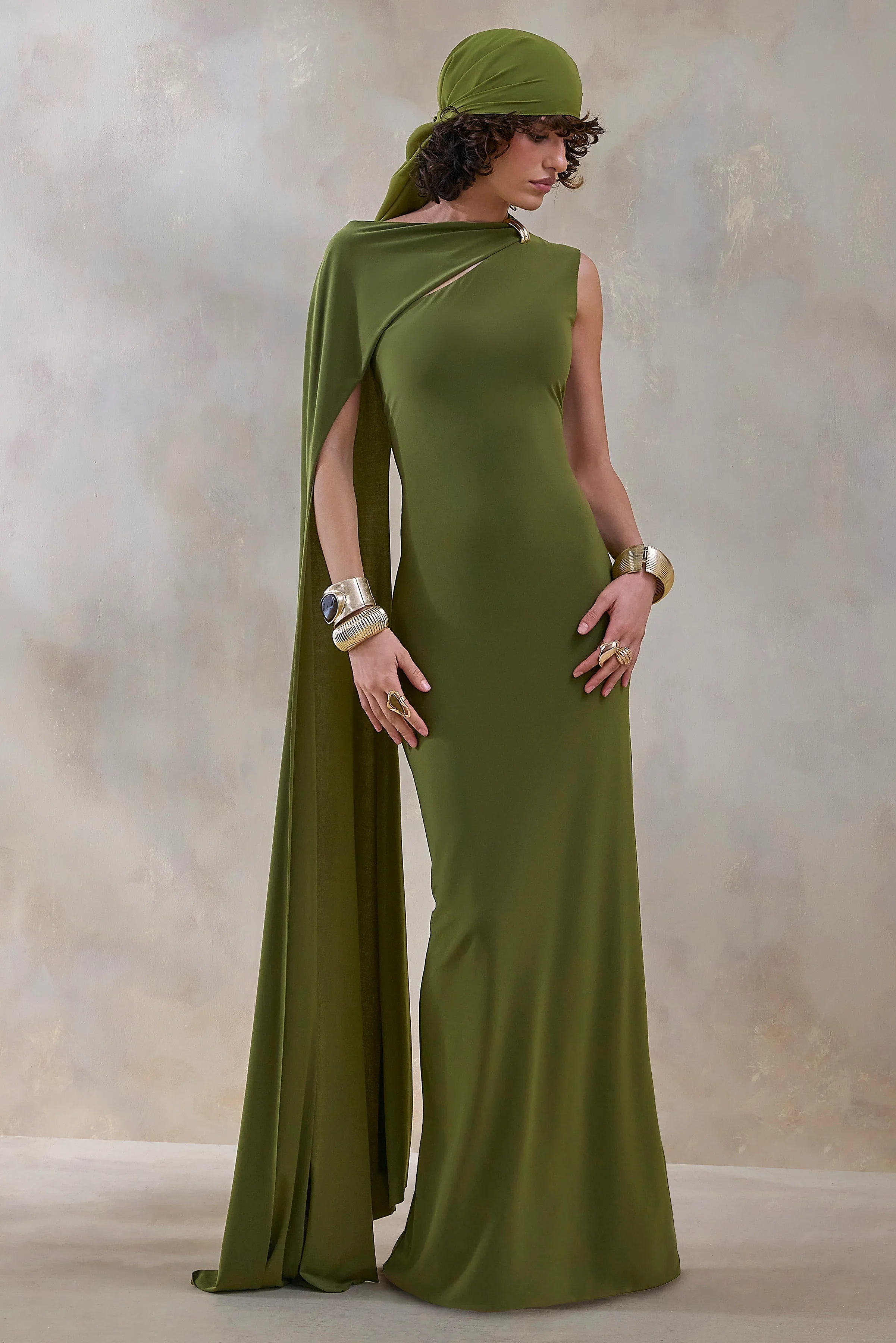 Isdelia Green Asymmetric Neck Maxi Dress With Cape Sleeve